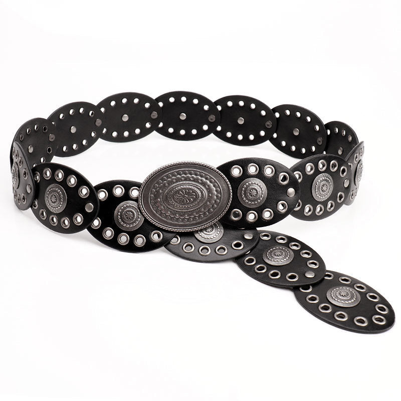 Oval stitching waist belt with large round pattern alloy buckle