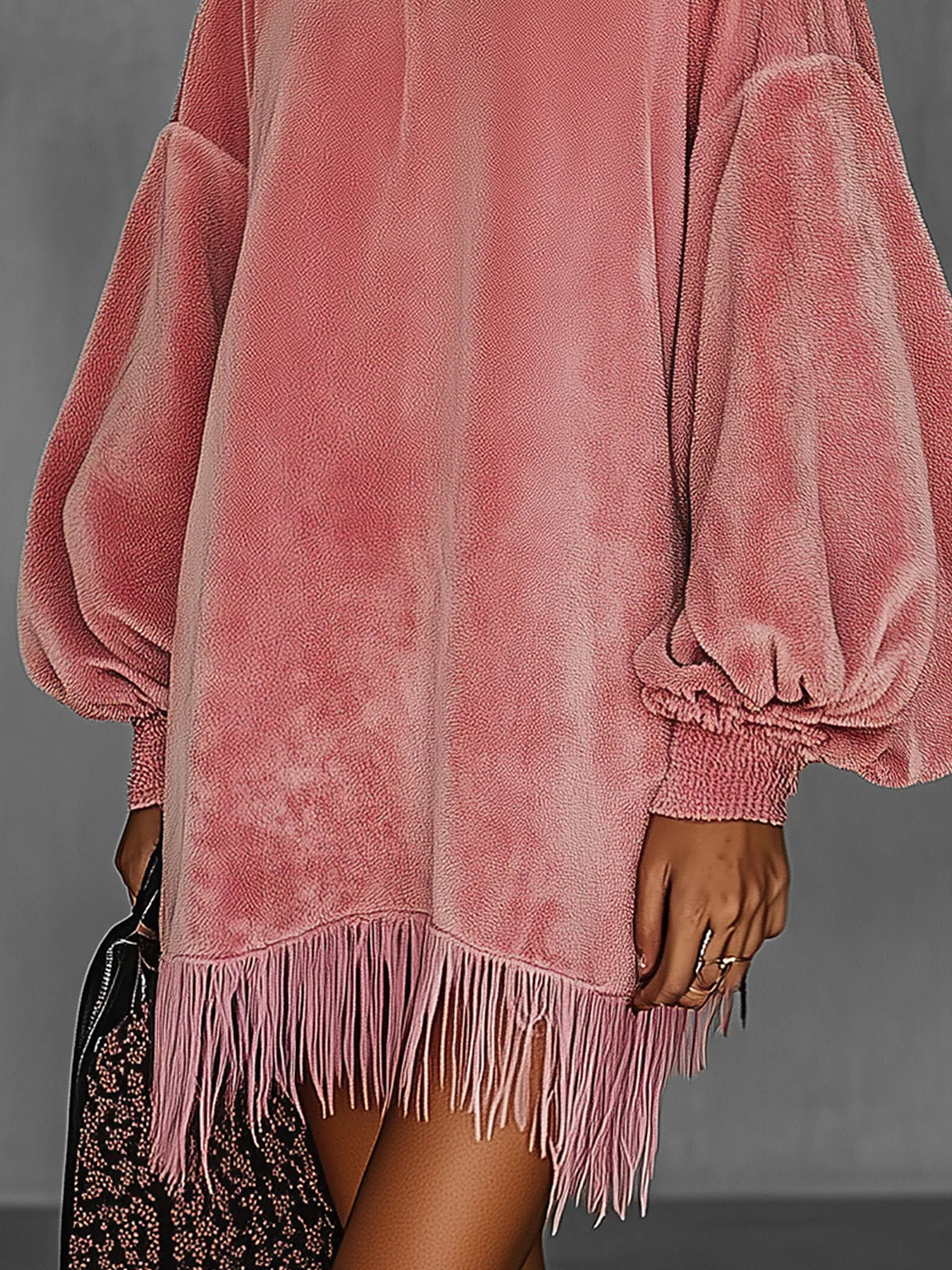Oversized Pink Fringe Crew Neck Velvet Dress