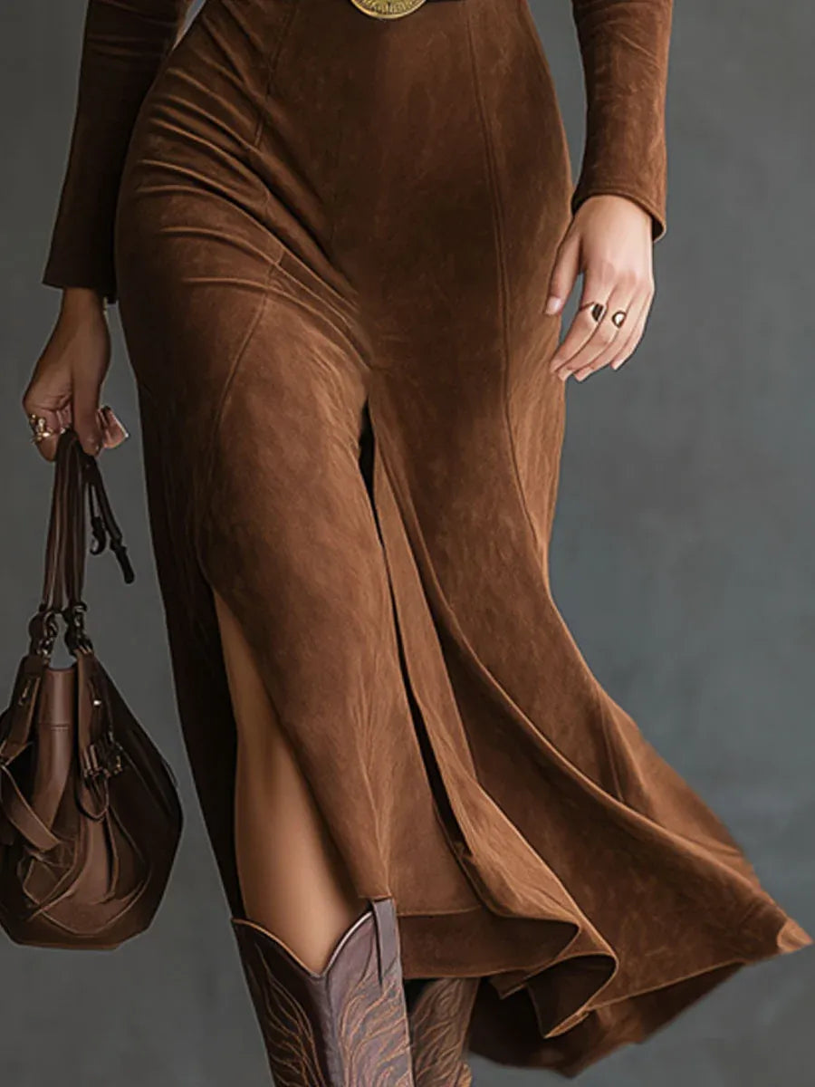 Retro Western Style Lapel Faux Suede Slit Midi Dress(Includes belt)