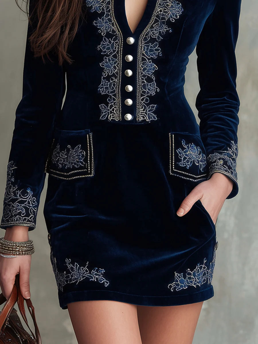 Vintage Embroidered Fitted Velvet Mini Dress