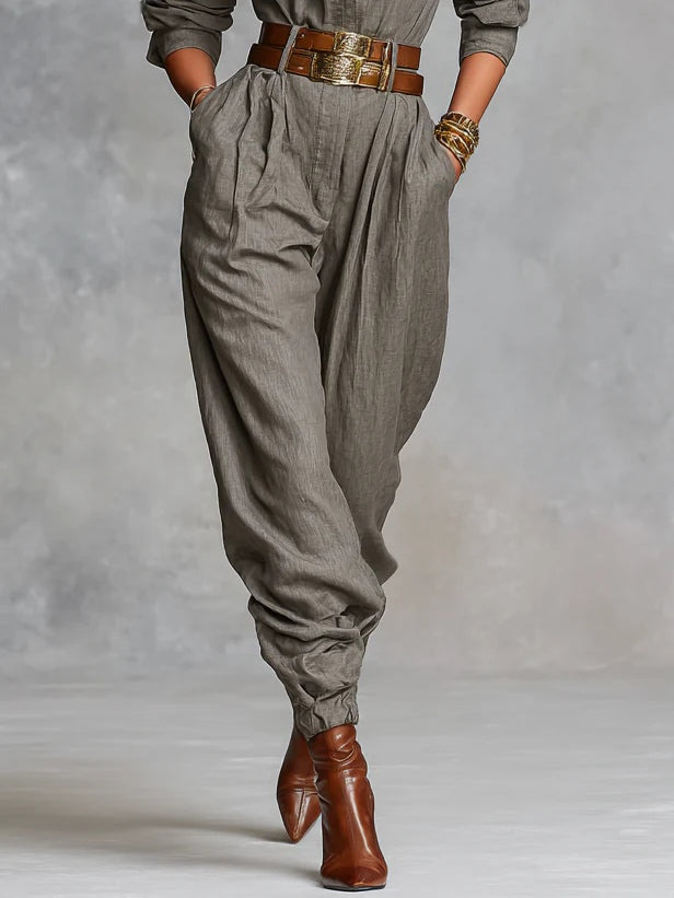 Cotton And Linen Blended Long Sleeve Shirt Jumpsuit