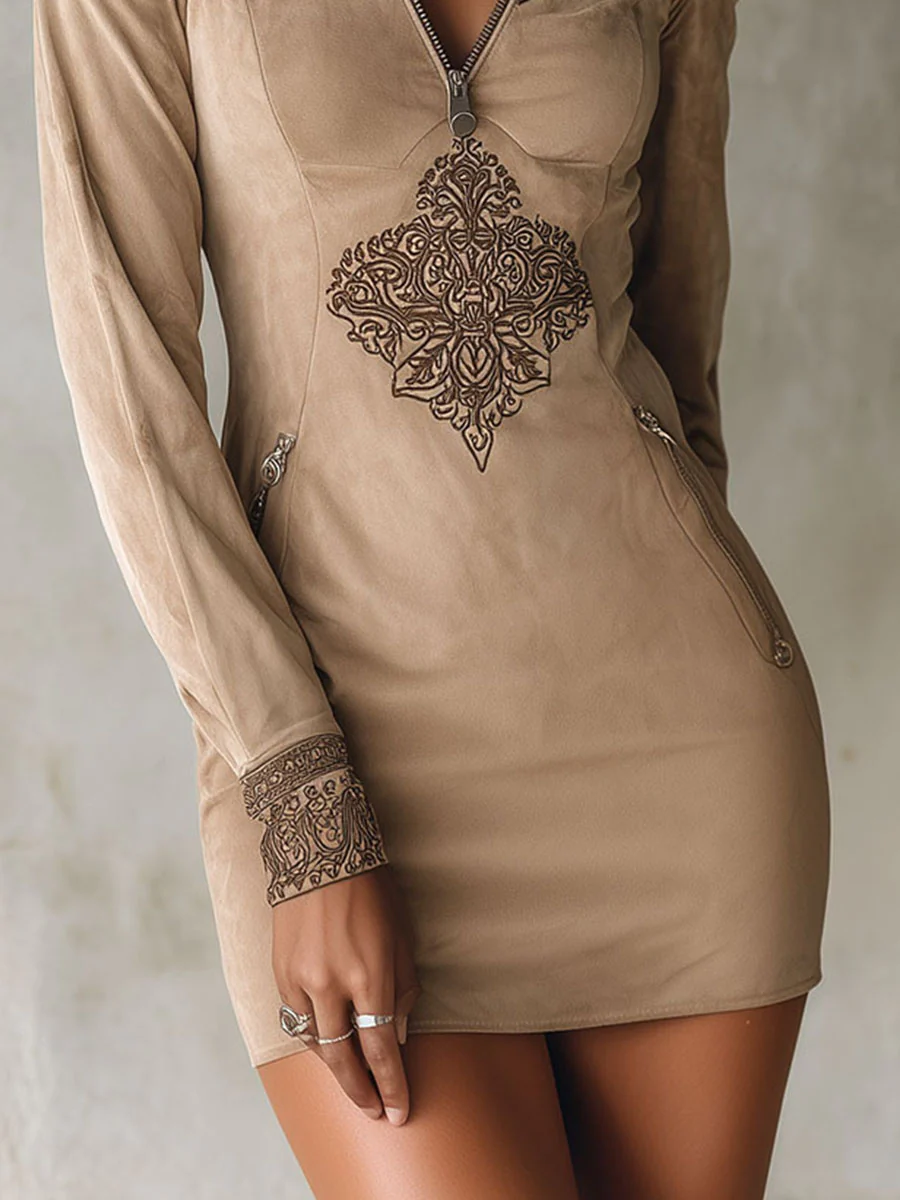 Vintage Beige Zipper Embroidered Suede Mini Dress
