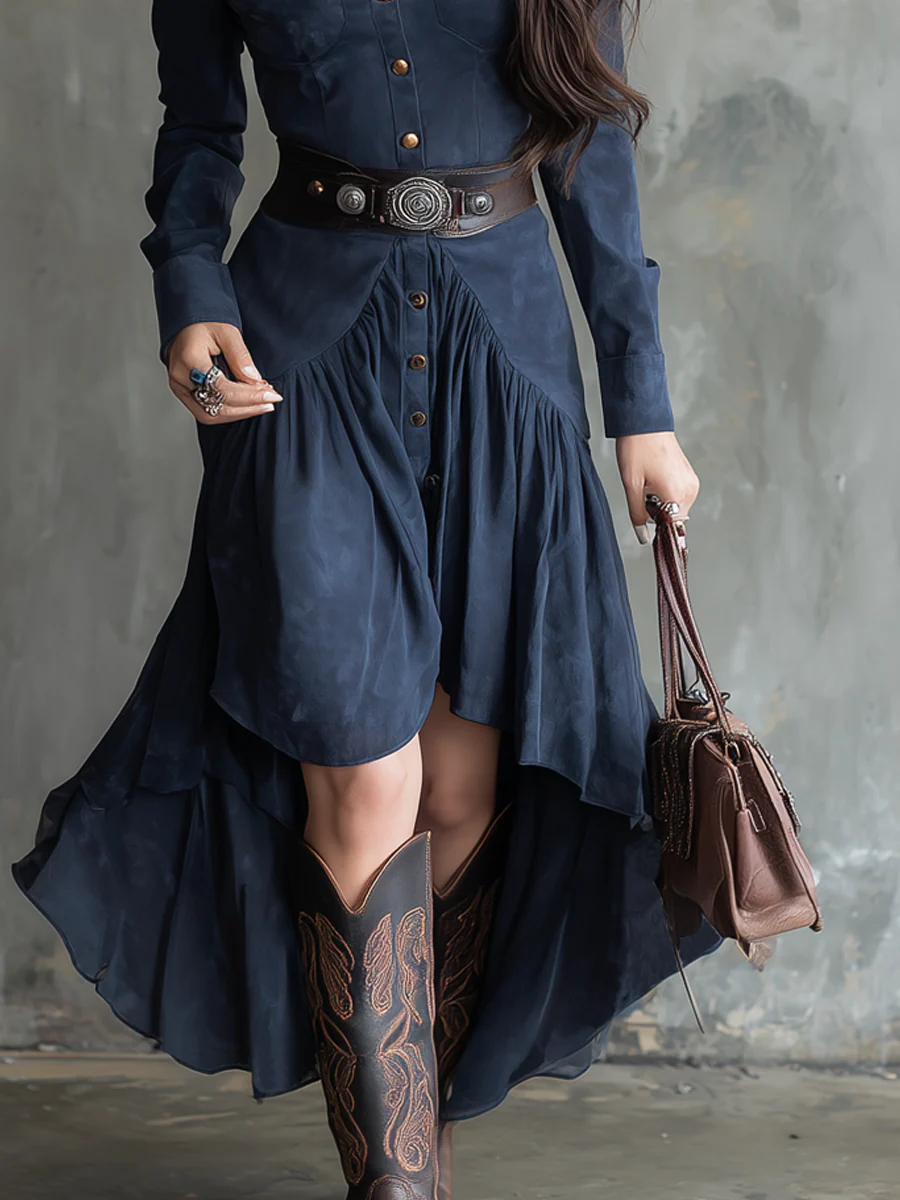 Retro Blue Lapel Button Pocket Irregular Flowy Midi Dress(With belt)
