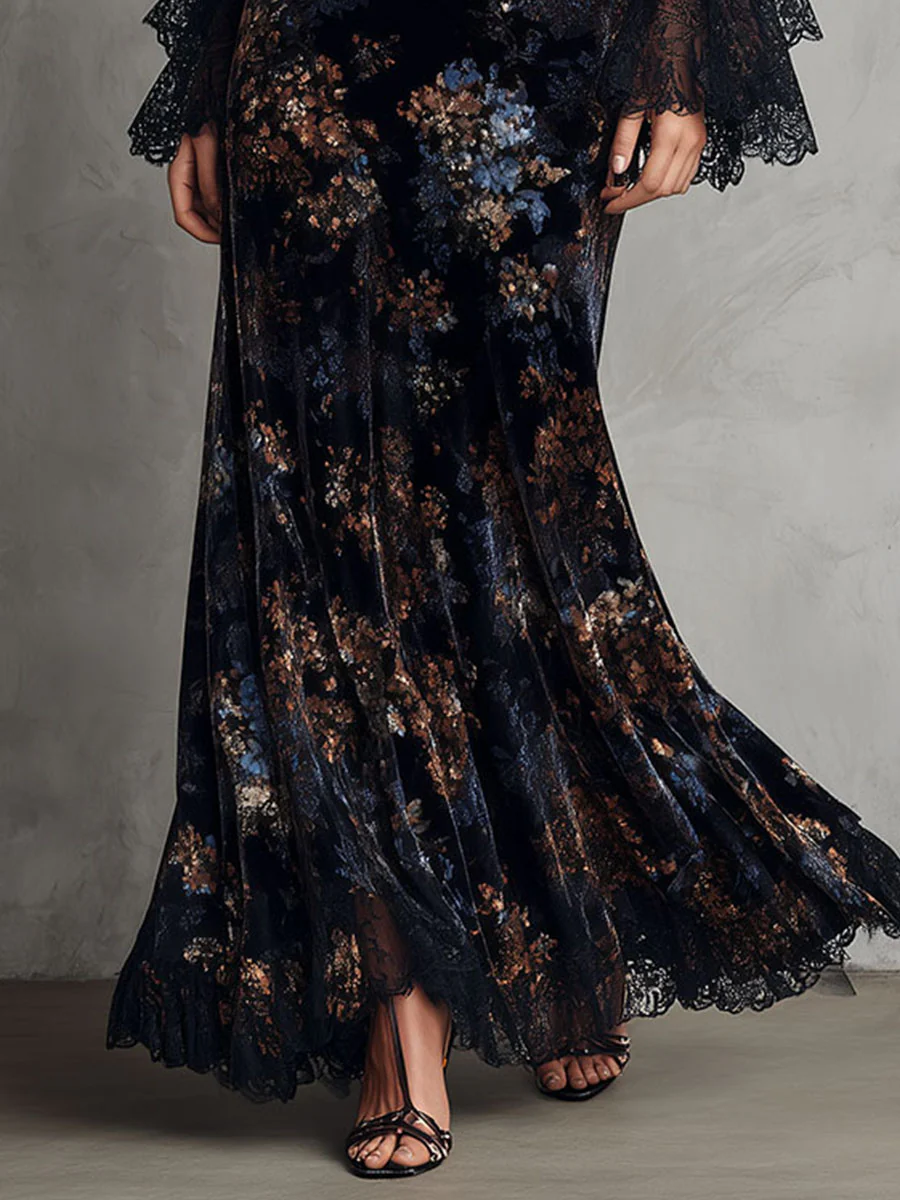 Black and Blue Floral Velvet Lace Trim Bell Sleeves Flowing Maxi Dress