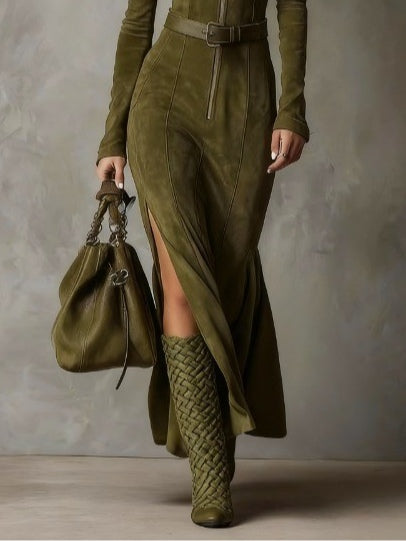 Vintage Green Zipper Belted Maxi Dress(Includes belt)