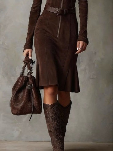Brown Vintage Zipper Belted Midi Dress(Includes belt)