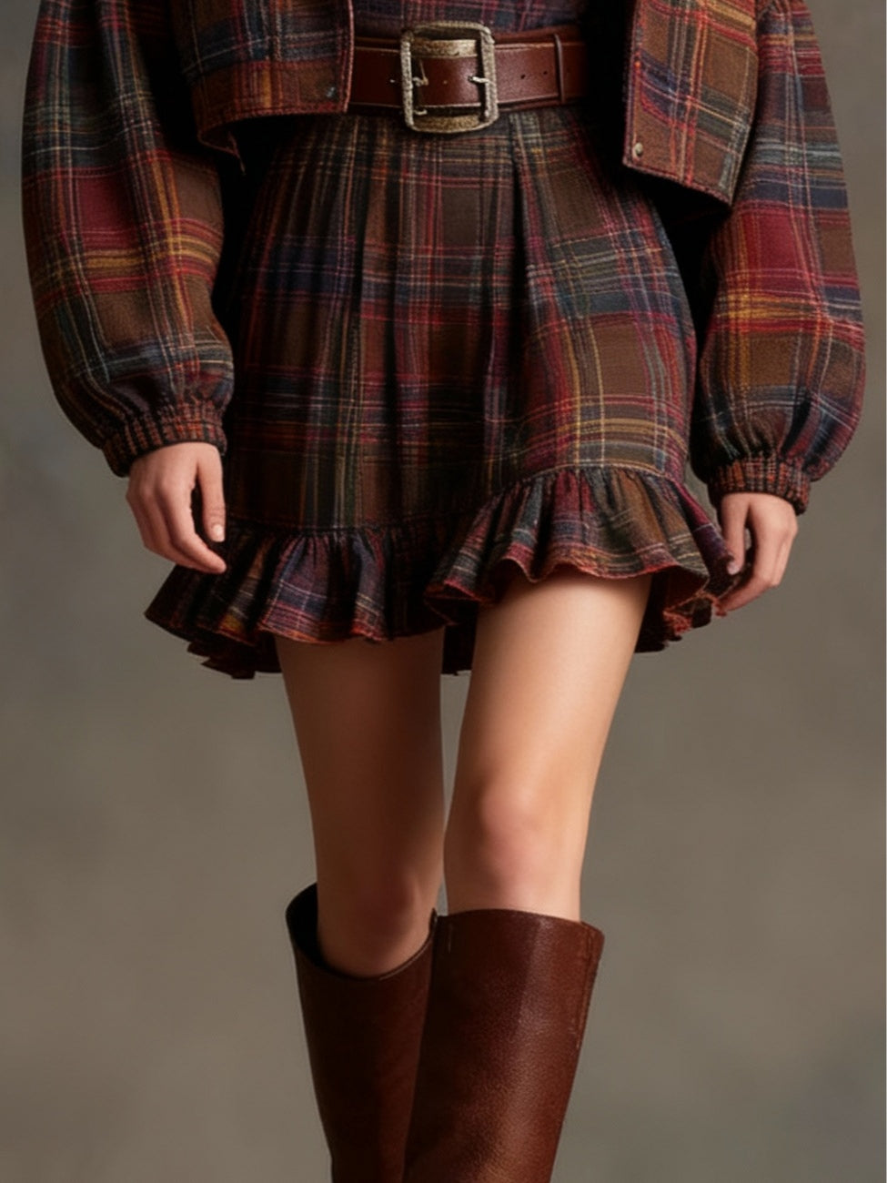 Vintage Plaid Ruffle Mini Dress and Loose Jacket Set(Includes belt)