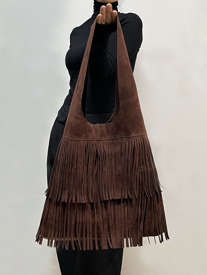 Retro versatile coffee suede tassel large bag