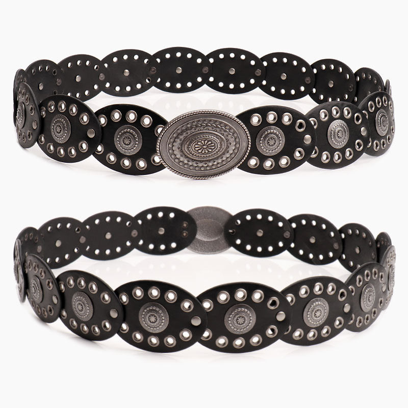 Oval stitching waist belt with large round pattern alloy buckle