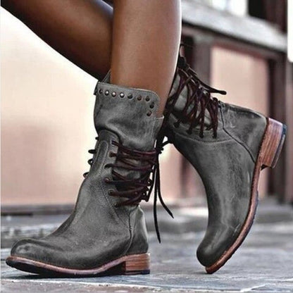 Retro British style rivet lace-up mid-calf boots