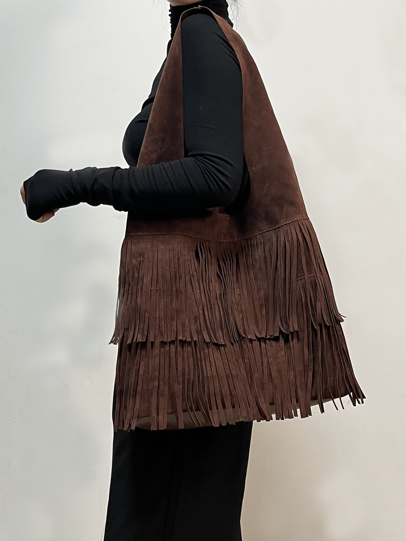 Retro versatile coffee suede tassel large bag