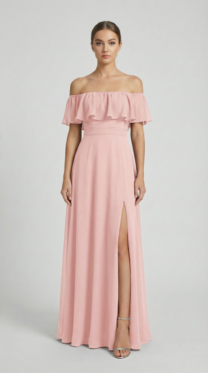 Elegant Off-The-Shoulder Maxi Bridesmaid Dress with High Slit
