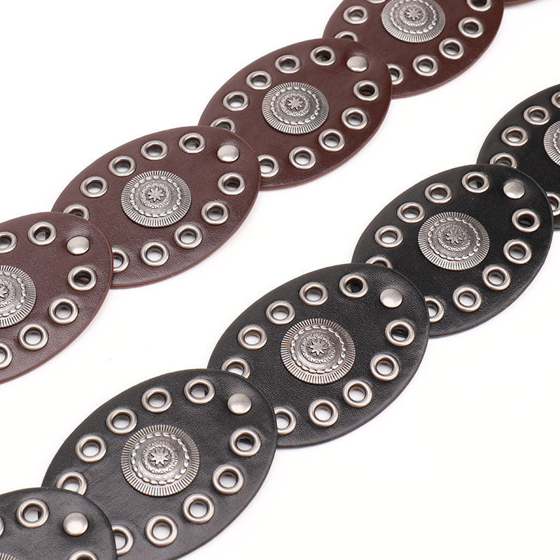 Oval stitching waist belt with large round pattern alloy buckle