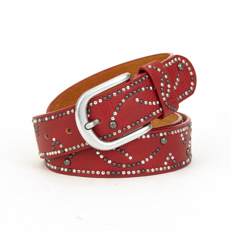 Distressed dark gold cracked PU leather rivet belt