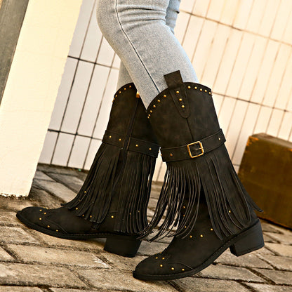 Retro tassel rivet belt knight boots