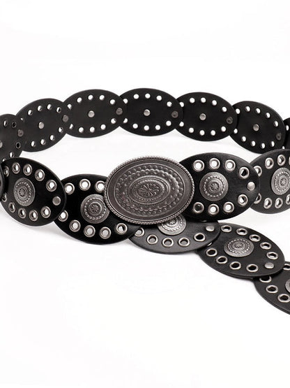 Oval stitching waist belt with large round pattern alloy buckle
