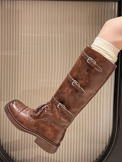 Retro distressed British square toe lace-up Martin boots