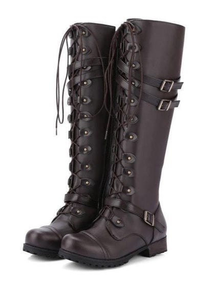 Round toe belt buckle rivet lace-up high-top riding boots