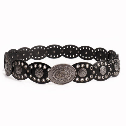 Oval stitching waist belt with large round pattern alloy buckle