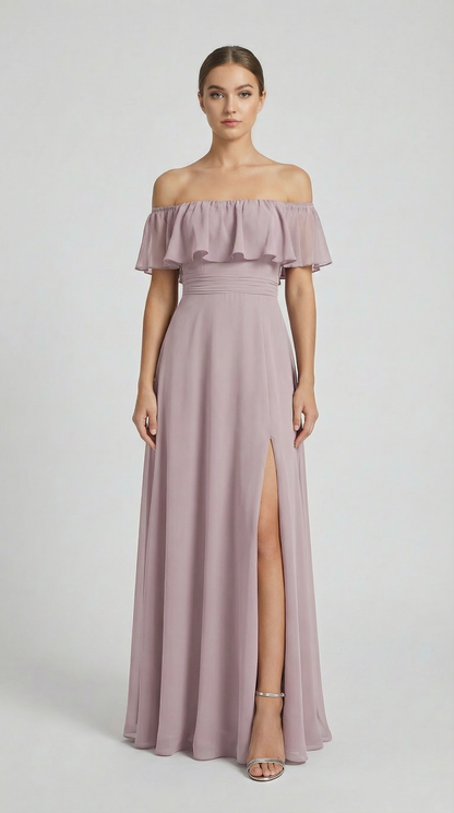 Elegant Off-The-Shoulder Maxi Bridesmaid Dress with High Slit
