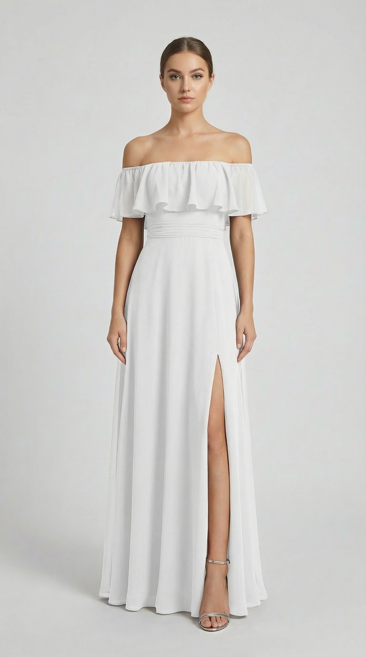 Elegant Off-The-Shoulder Maxi Bridesmaid Dress with High Slit