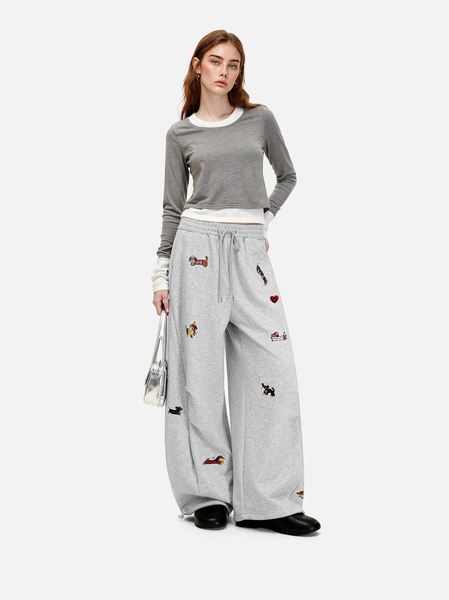 Embroidery Dog Baggy Barrel Sweatpants