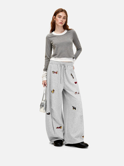 Embroidery Dog Baggy Barrel Sweatpants