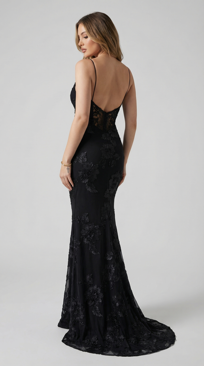 Floral Embroidered Mesh Mermaid Maxi Evening Dress