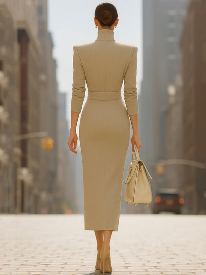 Stand Collar Waist And Slit Dress