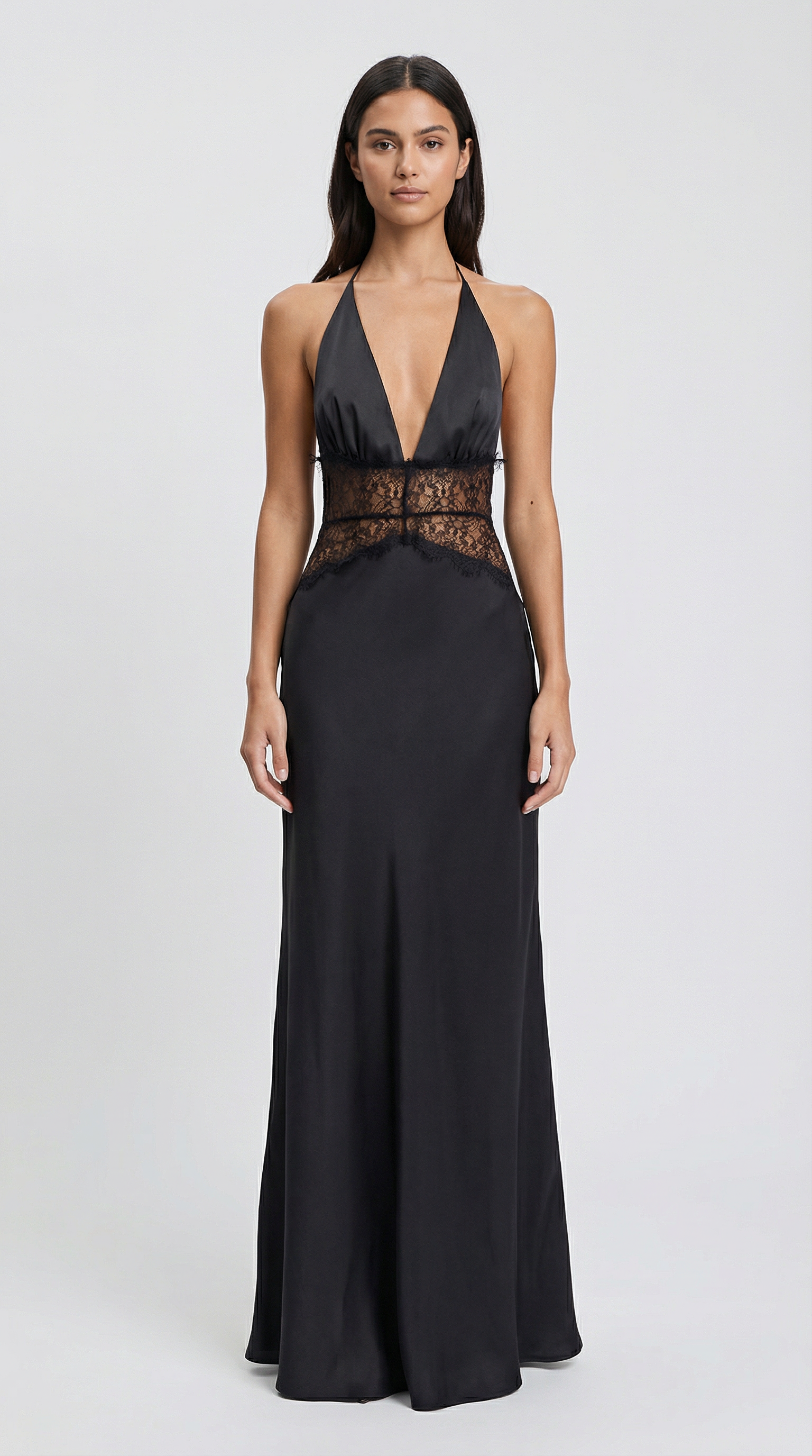 Backless Deep V Halter Lace Waist Satin Maxi Dress