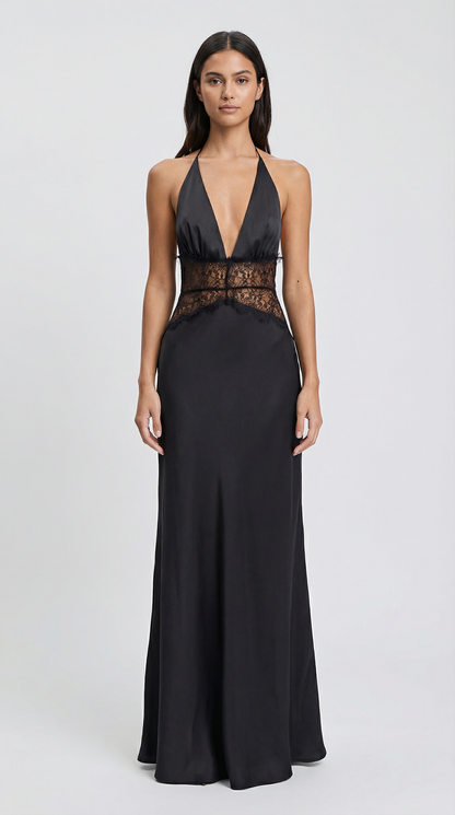 Backless Deep V Halter Lace Waist Satin Maxi Dress
