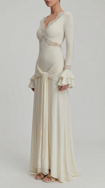 Elegant Deep V Lace Cutout Backless Long Sleeve Maxi Dress