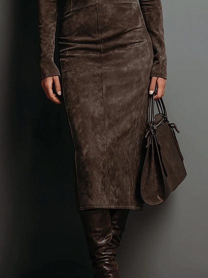 High Neck Long Sleeve Suede Midi Dress