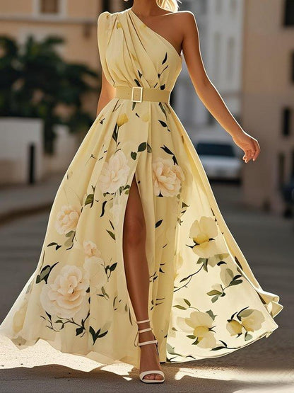 Light Green Floral Ruched One Shoulder A-Line Maxi Chiffon Dress
