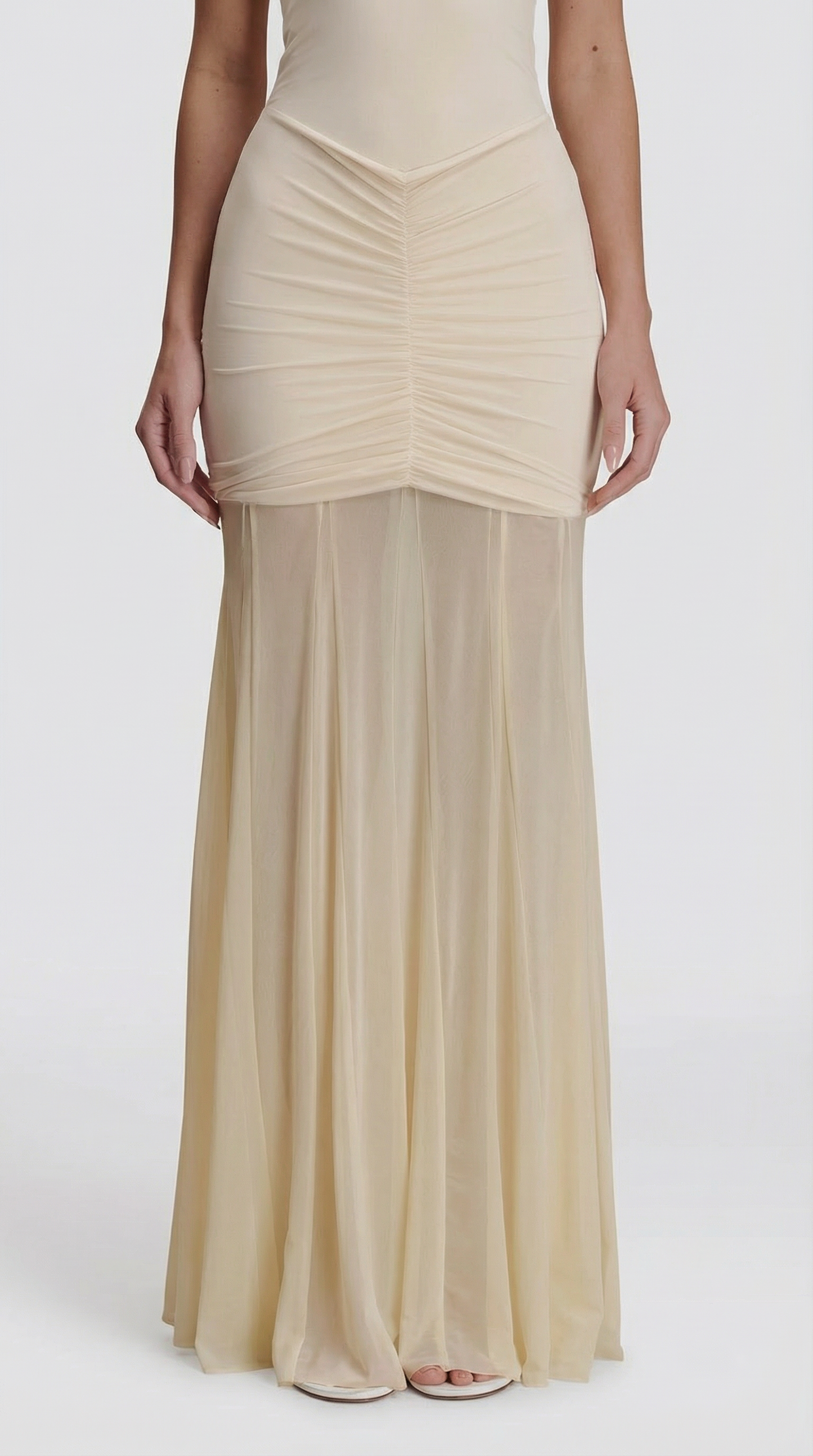 Strapless Ruched Mesh Patchwork Maxi Dress