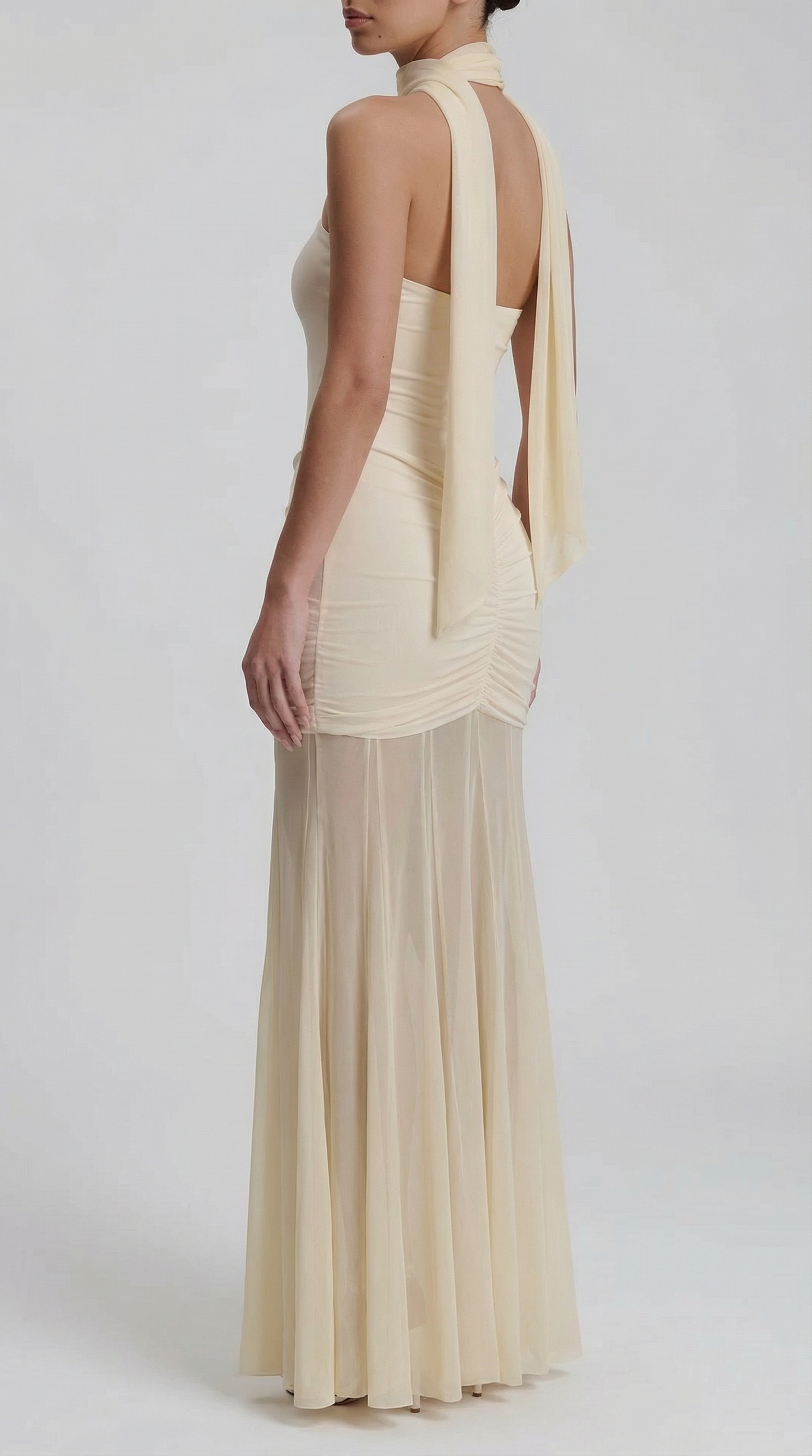 Strapless Ruched Mesh Patchwork Maxi Dress
