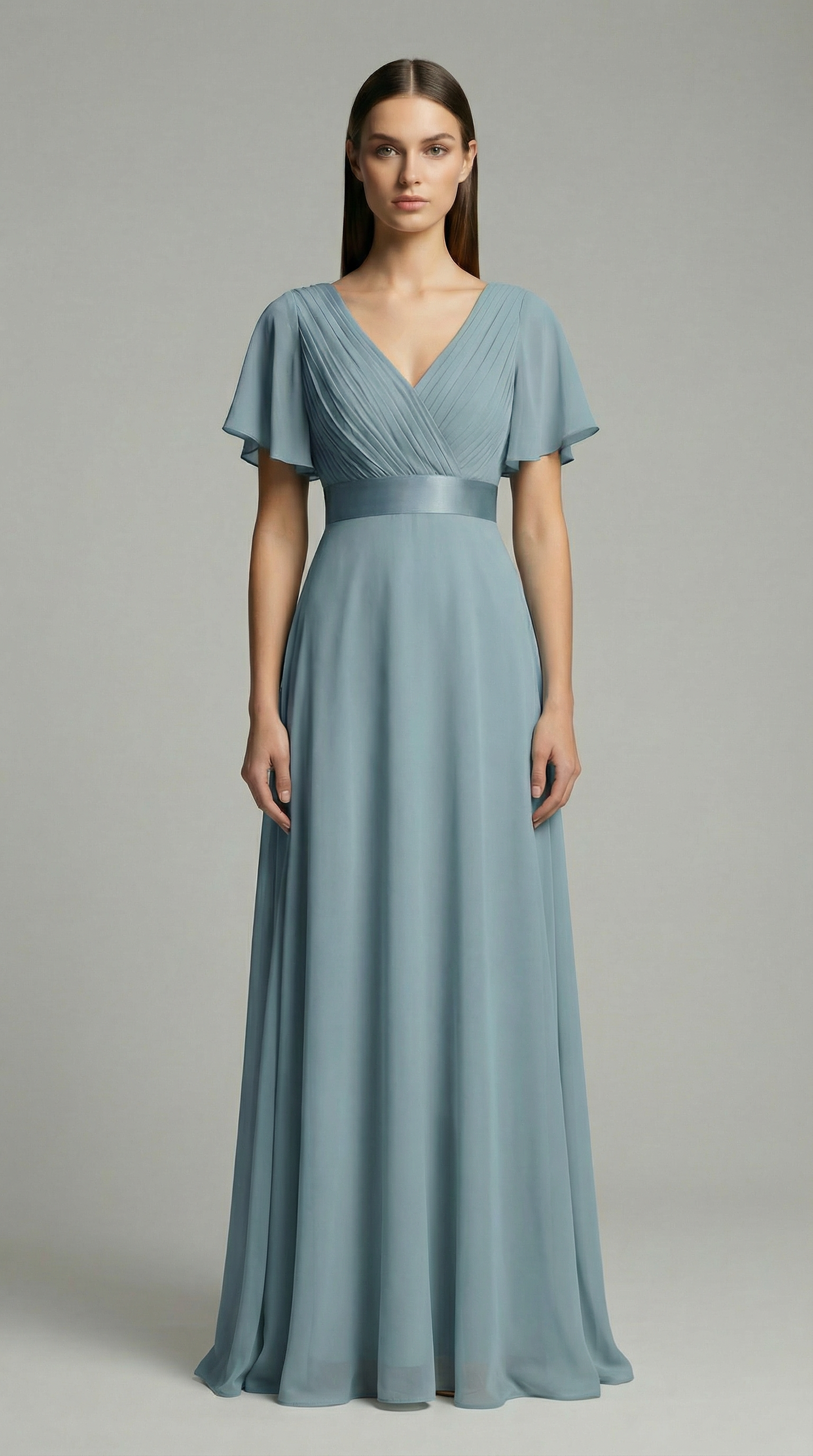 Elegant V-Neck Chiffon Maxi Evening Dress with Flutter Sleeves