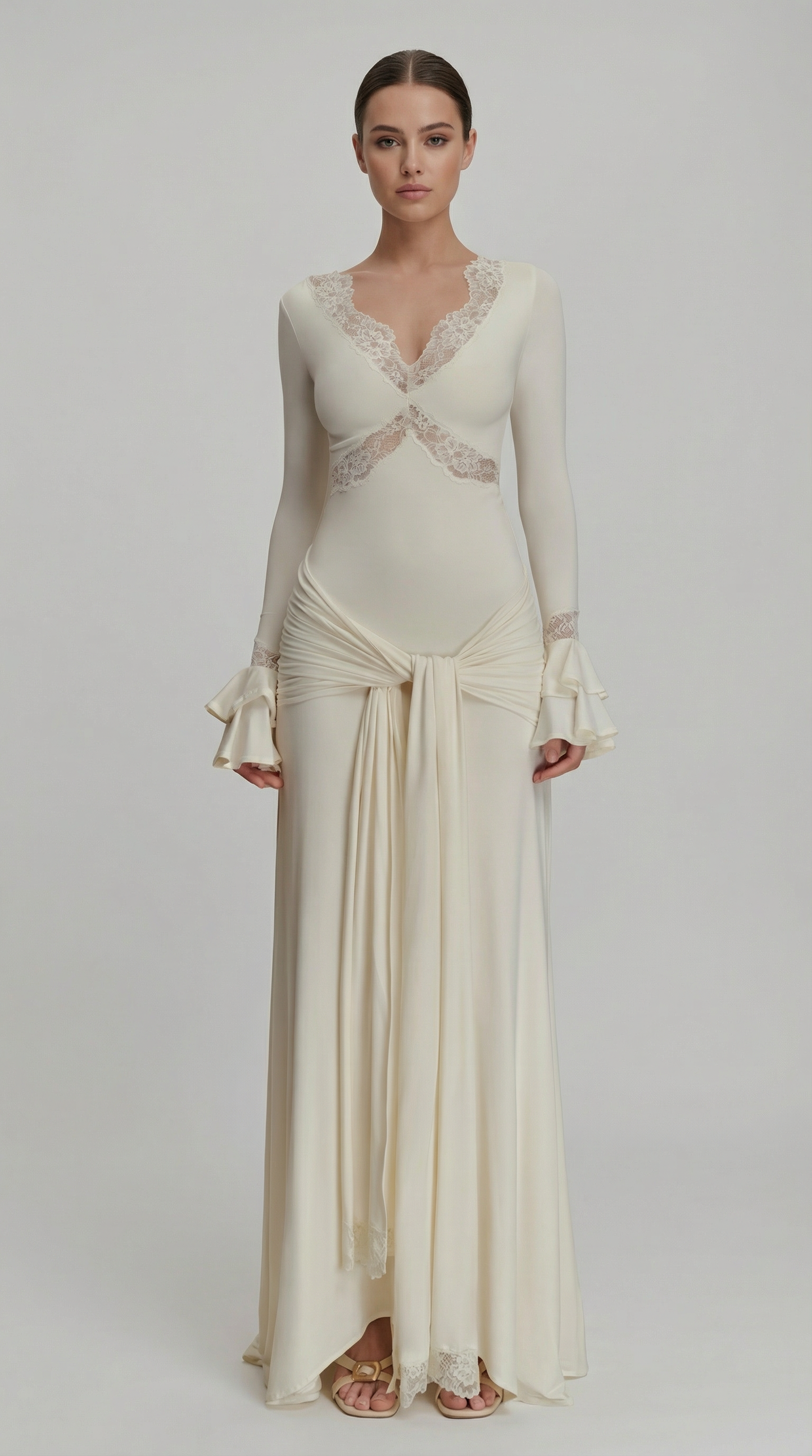 Elegant Deep V Lace Cutout Backless Long Sleeve Maxi Dress