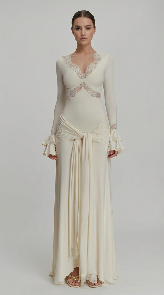 Elegant Deep V Lace Cutout Backless Long Sleeve Maxi Dress