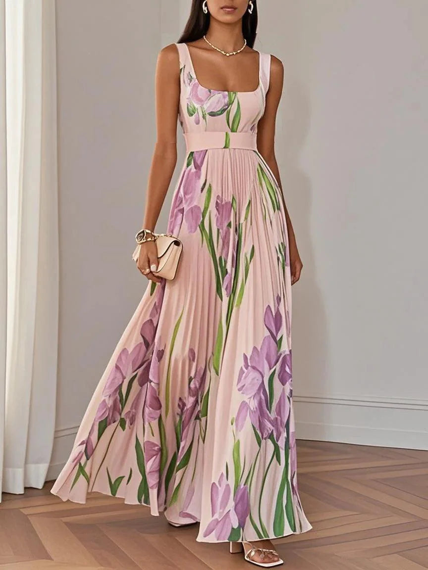 White Pleated Floral Chiffon Square Neck Sleeveless A-Line Maxi Dress