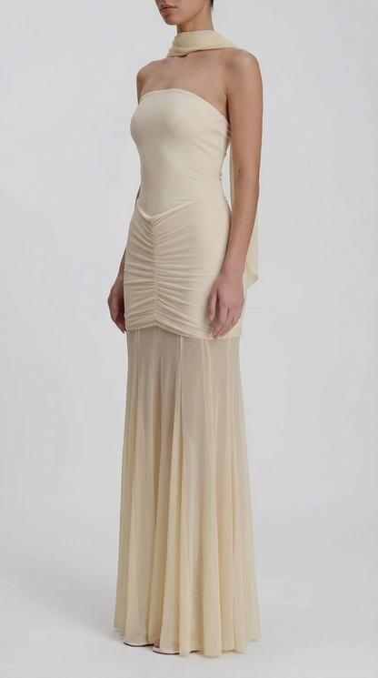 Strapless Ruched Mesh Patchwork Maxi Dress