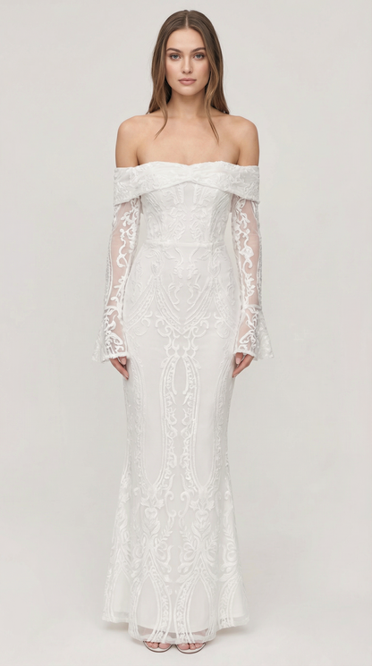 Burgundy Off-Shoulder Lace Maxi Dress with Flared Sleeves