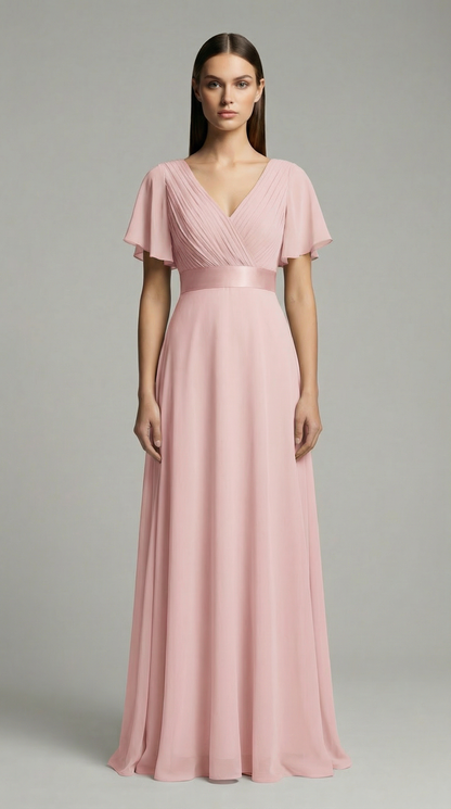 Elegant V-Neck Chiffon Maxi Evening Dress with Flutter Sleeves