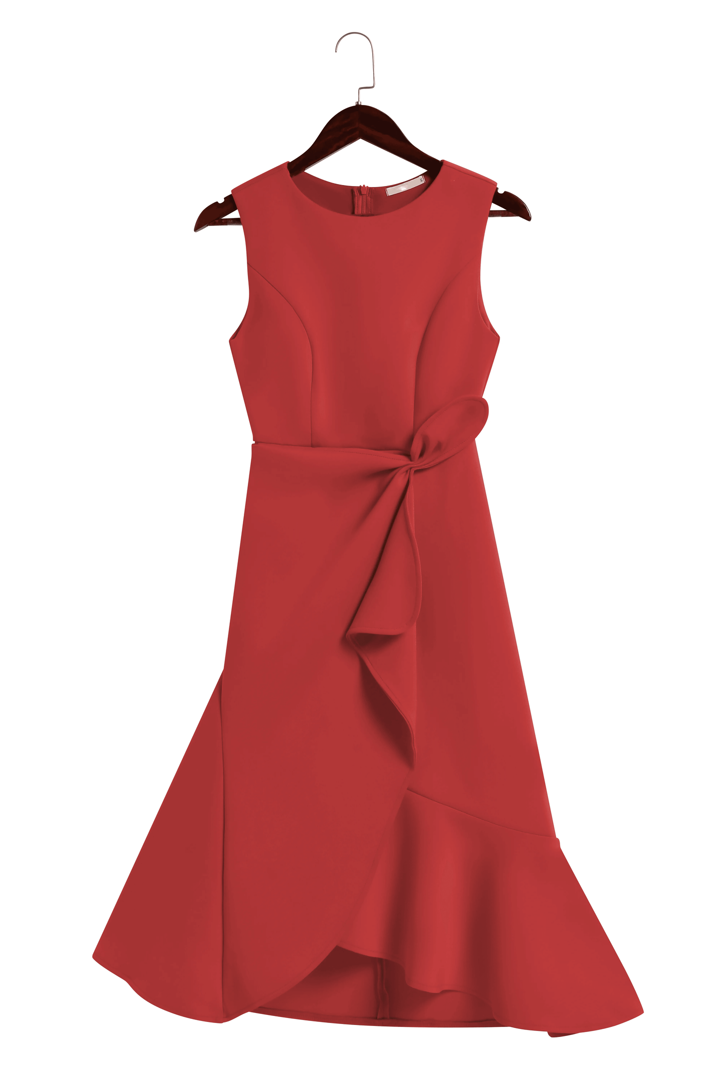 Red Sleeveless Midi Elegant A-line Dress with Waist Twist for Day-to-Night