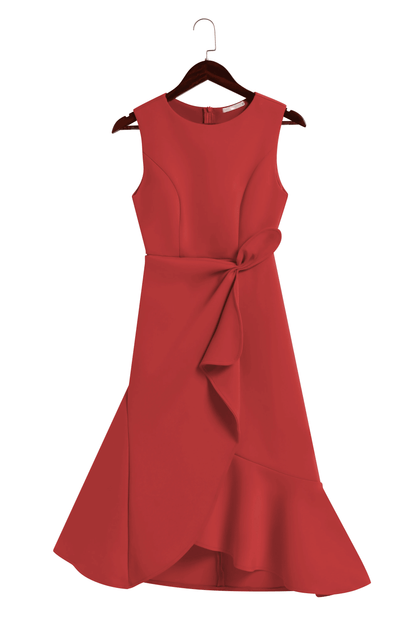 Red Sleeveless Midi Elegant A-line Dress with Waist Twist for Day-to-Night