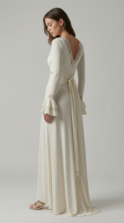 Elegant Deep V Lace Cutout Backless Long Sleeve Maxi Dress