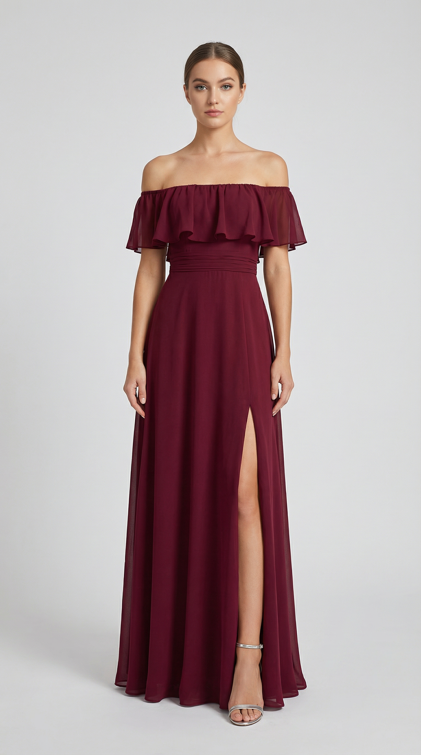 Elegant Off-The-Shoulder Maxi Bridesmaid Dress with High Slit