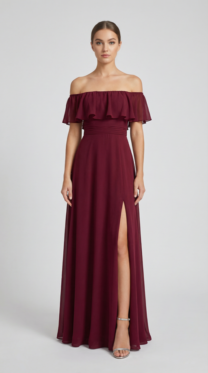 Elegant Off-The-Shoulder Maxi Bridesmaid Dress with High Slit