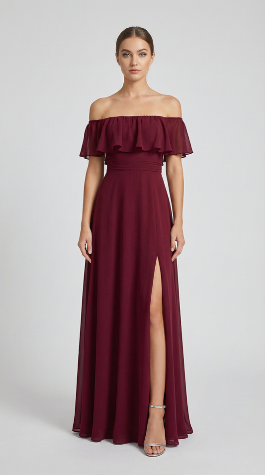 Elegant Off-The-Shoulder Maxi Bridesmaid Dress with High Slit
