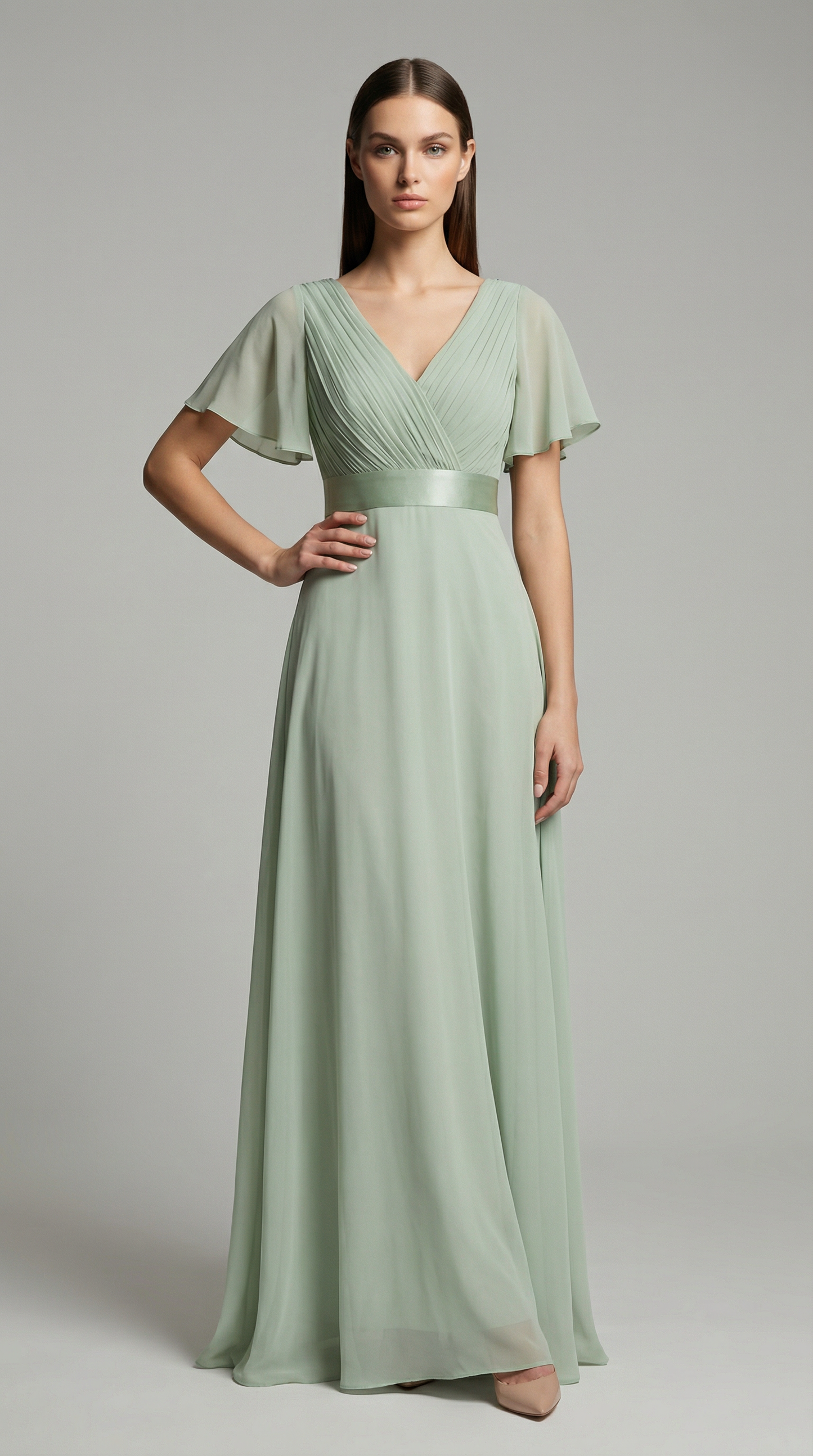 Elegant V-Neck Chiffon Maxi Evening Dress with Flutter Sleeves